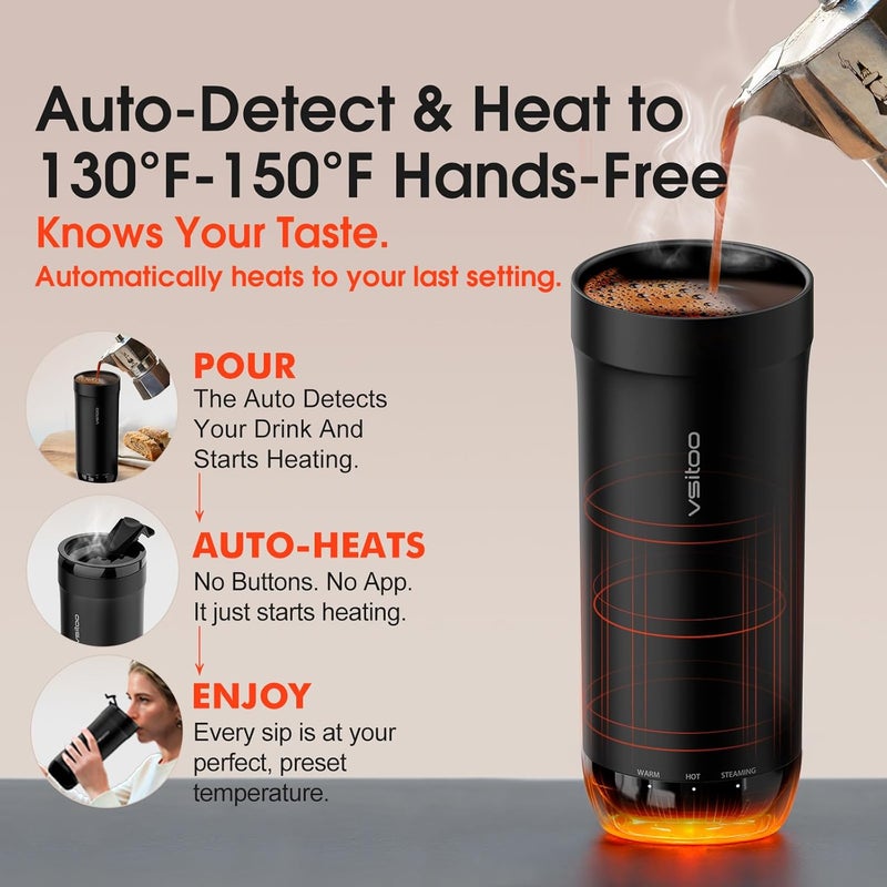 vsitoo S5 heated travel mug,16oz, Auto-Sensing AI Heats Drinks To 120-150°F Hands-Free. Temperature Control for All Cars, Perfect for Home/Office/Travel/Outdoor, Ideal Gift for Coffee Lovers - Black - Image 2
